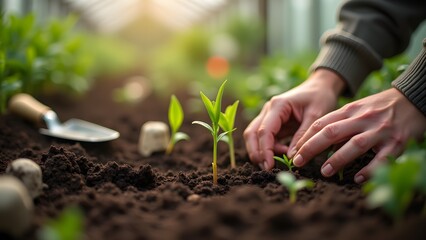 Hand Planting Young Seedlings in Fertile Soil for Sustainable Growth, Indoor Gardening
