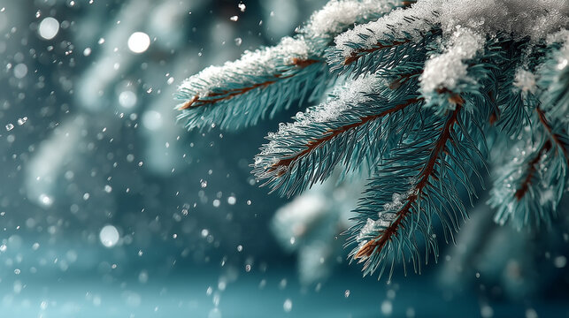 A serene snow-dusted pine branch in a winter wonderland, softly falling snow creating a magical atmosphere. - Powered by Adobe