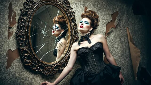 Portrait of woman with gothic fashion cracked mirror reflection