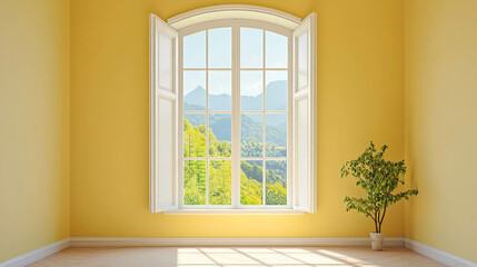 Fototapeta premium An empty living roowm with a light yellow wall color and a white wooden window and greenery view close-up