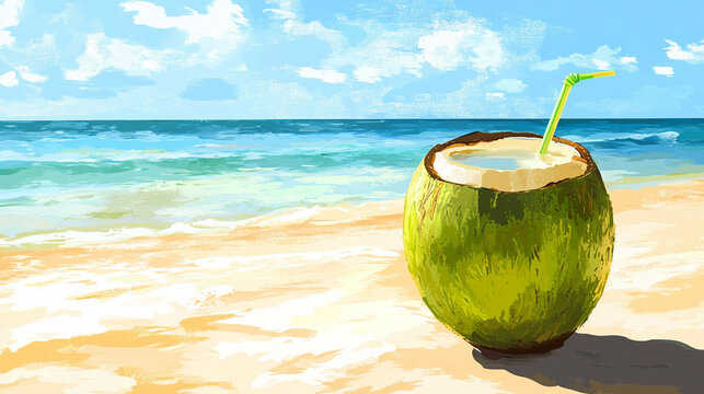 Illustration of a painted green coconut with a paradisiac beach in the background