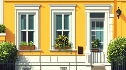 Illustration of a home facade in yellow color and white windows close-up