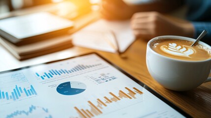 Small business with tablet and laptop Concept. Coffee Cup and Charts on Wooden Table at Office