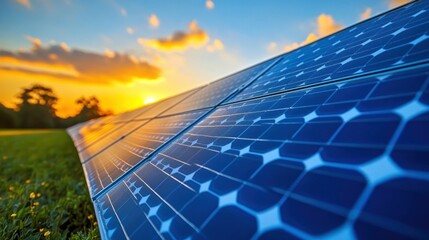 Solar panels reflect sunset sky over grassy field. Blue panels dominate