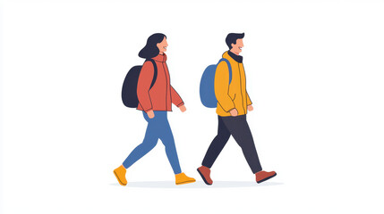 happy couple walking side by side, each carrying backpack, symbolizes companionship and adventure