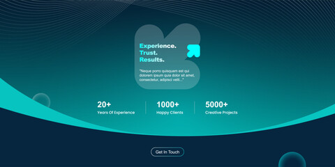 Modern business banner design with abstract curves and gradients, ideal for corporate websites, presentations, landing pages, and branding. Professional layout with stats and CTA button.