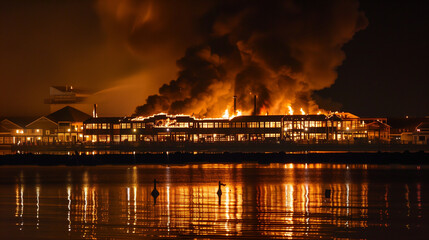 Fototapeta premium Burning wooden house with intense flames and thick black smoke rising into dark night sky. Disaster, emergency, fire accident, arson or wildfire concept.