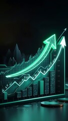 Green glowing arrow soaring upward showcasing impressive financial growth and market success with
