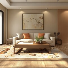 A stylish living room interior featuring modern designer furniture and elegant accessories, rendered in 3D	