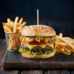 Juicy cheeseburger with golden fries a delicious meal on dark wood perfect comfort food