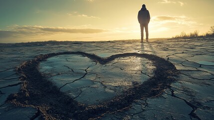 Lone figure contemplates a heart-shaped imprint on cracked earth.