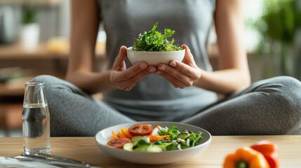 person sits cross legged holding bowl of greens, with plate of fresh vegetables and glass of water nearby