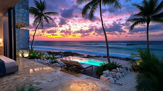 Luxurious beachside bedroom with ocean sunset view, palm trees, and pool