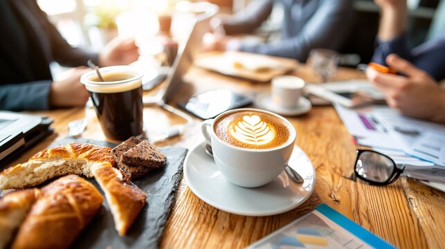 Small business with tablet and laptop Concept. Coffee and Pastry on Table During Business Meeting