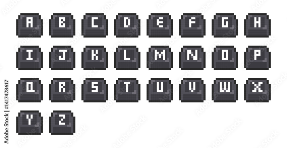 Fototapete pixel-style keyboard keys with alphabet letters a to z. pixel art alphabet on square keycaps