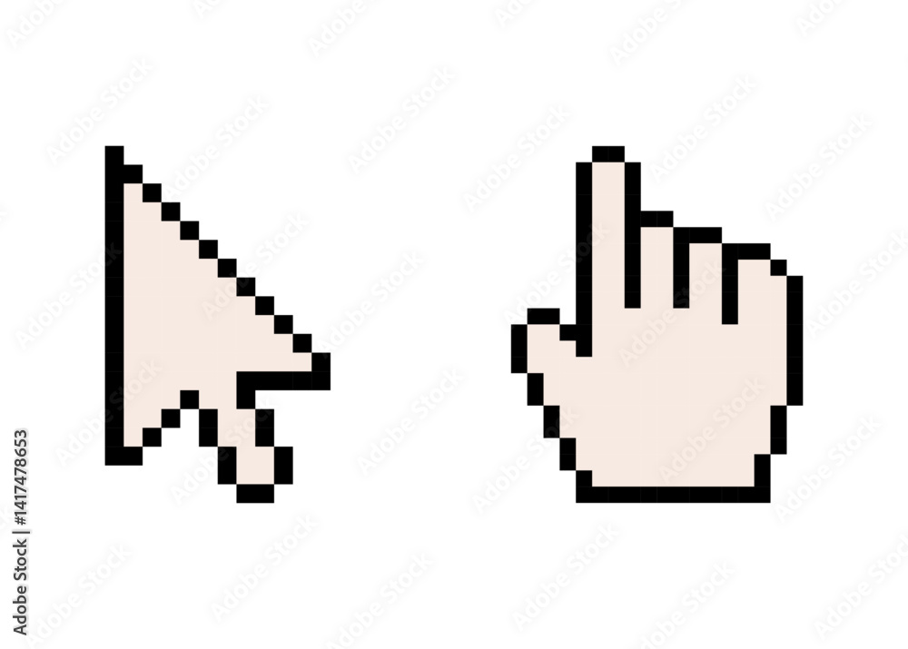 Poster pixelated beige mouse pointer and hand cursor icons, pixel art, pixelated hand cursor, pixelated com