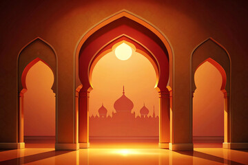 Fototapeta premium Warm orange to deep red with stylized mosque arch shadows