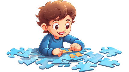 Adorable Little Boy Engaged in Playful Learning with Jigsaw Puzzle Cartoon Illustration