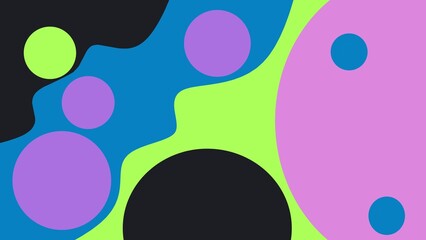 Colorful abstract background with vibrant blobs and circles in neon green, blue, pink, purple, and black