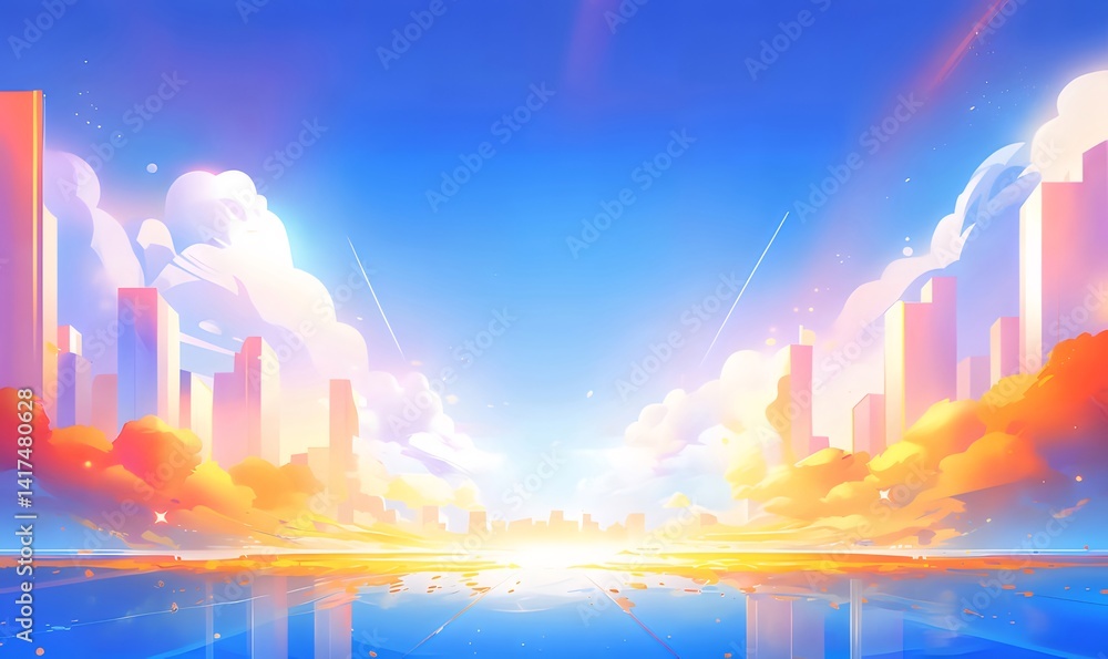 Poster 都市の風景 光輝く青い空と雲のデジタルアート 輝く太陽の光が水面に反射 活気のある色彩とモダンなデザイン