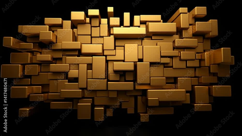 Poster abstract geometric shapes floating in space with a glossy golden texture on a black background