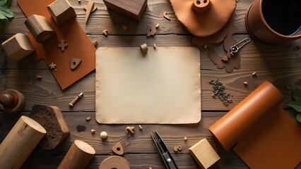 Handcrafting Projects Composition with Leather and Wood Pieces on Wooden Table and Blank Paper