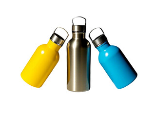 Metal water bottles with sleek design in vibrant yellow, gold, silver, and blue colors, insulated portable hydration containers png isolate on white background Download.