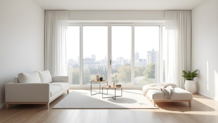 Fototapeta premium Bright Modern Living Room with City View: Minimalist Interior Design with Elegant Furniture