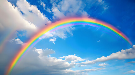 A vibrant rainbow arching across a blue sky with scattered clouds