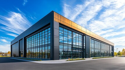 Fototapeta premium Modern industrial building with expansive glass facade.