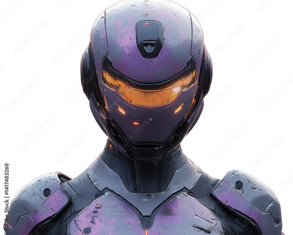 Poster hyper-realistic image of futuristic purple armored robot isolated on white background with illuminat