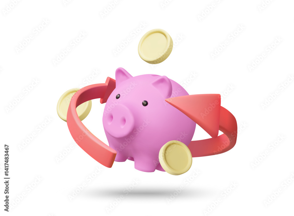 Poster 3d illustration vector render of piggy bank icon with coins and circular arrows around isolated on w