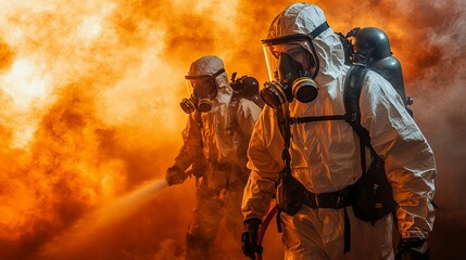Fototapeta premium Protective personnel combat intense blaze.