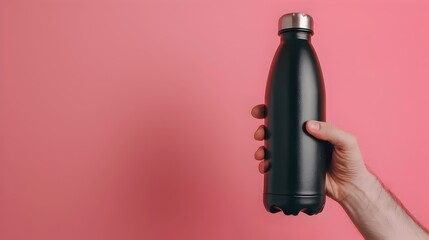 Black water bottle held by hand wearing vibrant pink background, featuring minimalistic design and bold color contrast