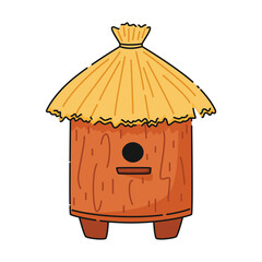 Round wooden house for honey bees with thatched roof vector illustration.