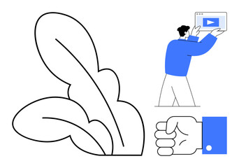 Person holding media content window, large abstract leaves, and hand fist icon. Ideal for education, creativity, video streaming, self-expression, modern design, communication simple landing page