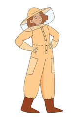 Woman beekeeper in protective gear standing proudly, cartoon flat vector illustration on white background