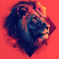 Naklejka premium Majestic Lion Portrait with Vivid Color Palette and Grunge Elements