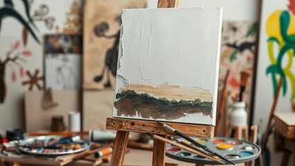 Step into the world of creativity with this charming artist's workspace! This image captures the essence of an ongoing painting session, featuring a partially completed landscape canvas on an easel. T