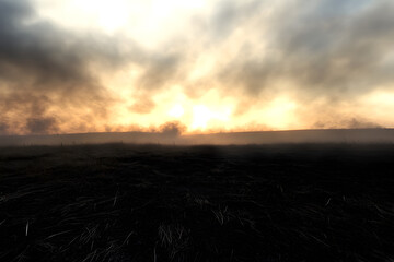 Fototapeta premium A quiet, empty battlefield with rolling fog, smoke, and distant shadows of soldiers.