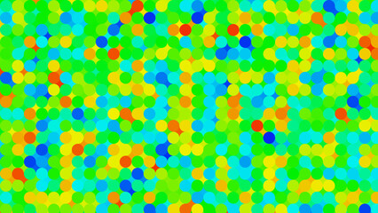 A vibrant abstract background filled with overlapping circles in shades of green, blue, yellow, and orange, creating a lively mosaic effect.