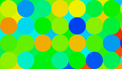 A vibrant pattern of overlapping colorful circles in shades of green, blue, yellow, and orange against a bright green background.