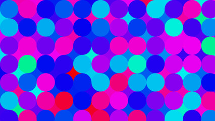 A vibrant pattern of overlapping circles in various shades of blue, pink, and purple, creating a lively and colorful abstract design.
