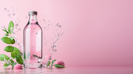 Aesthetic Pastel Water Bottle Splash with Green Leaves on Pink Background