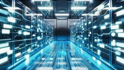 
Digital information flows through the network and data servers behind glass panels in the server room of a data center or Internet service provider