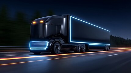 Futuristic Truck with Neon Lights Driving on Night Highway