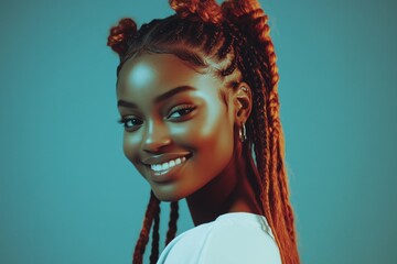 Young Black woman with intricately braided hair smiling while looking back over her shoulder. Wearing white top against turquoise background