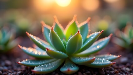 Close-up of a succulent rosette with dew drops and red tips against warm sunlight, showcasing botanical beauty