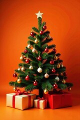 Ornate Christmas tree, presents beneath, vibrant orange backdrop, backdrop, bright, celebration