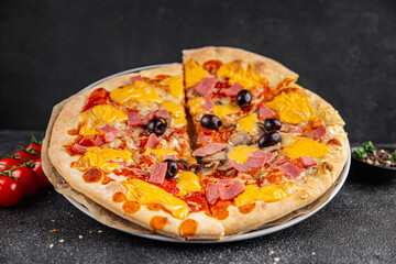 Pizza ham, mushrooms, olives, cheese appetizer vegetable dish fresh delicious gourmet food background on the table rustic food top view copy space